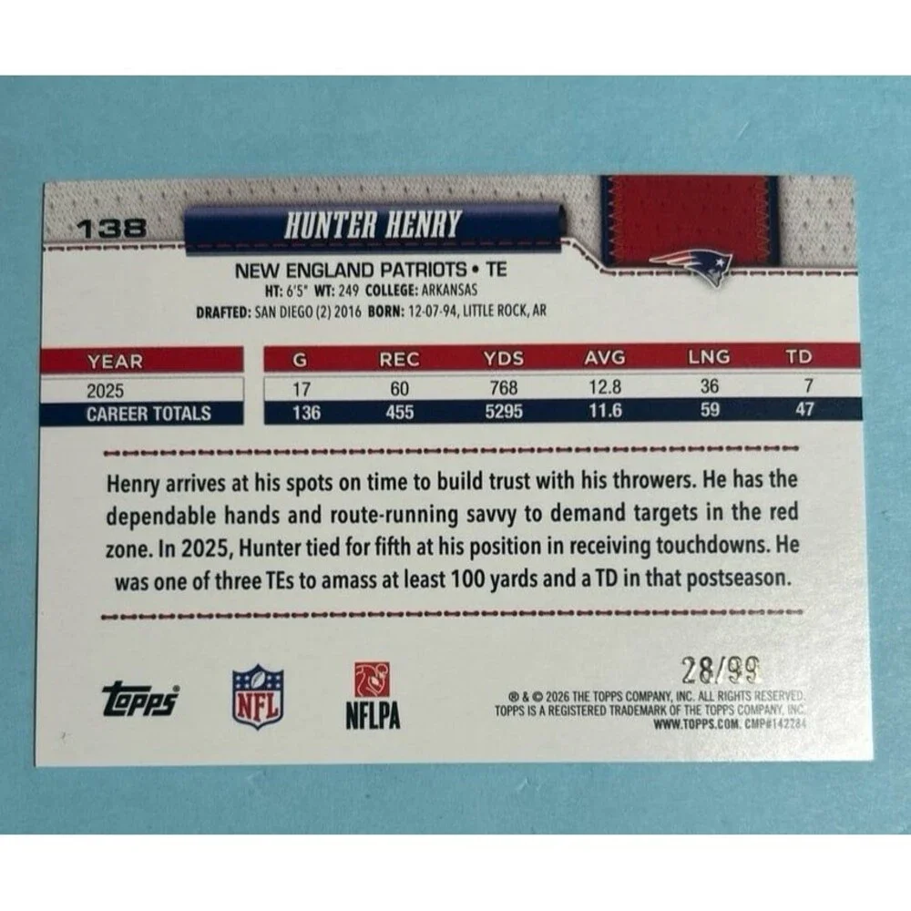 2026 Topps Flagship Green ,Hunter Henry ,New England Patriots Card #138 ser/99
